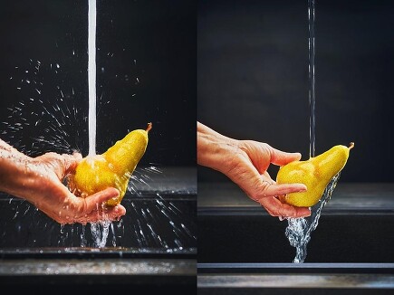 Vergleich Normalstrahl (links) zu Laminarstrahl (rechts); Bildquelle: FRANKE Vergleich Normalstrahl (links) zu Laminarstrahl (rechts); Bildquelle: FRANKE